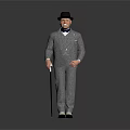 Elderly Gentleman In Gray Suit With Black Top Hat And Walking Cane