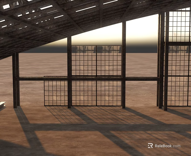 Large Metal Grid Windows In Sloped Roof Structure With Floor Shadows And Open Field View 3d model 