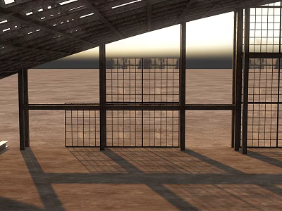 Large Metal Grid Windows In Sloped Roof Structure With Floor Shadows And Open Field View 3d model