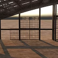 Large Metal Grid Windows In Sloped Roof Structure With Floor Shadows And Open Field View