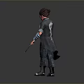 Man with red hair and red skin wearing black long coat gray pants silver boots holding gun in right hand green object in left hand gray background