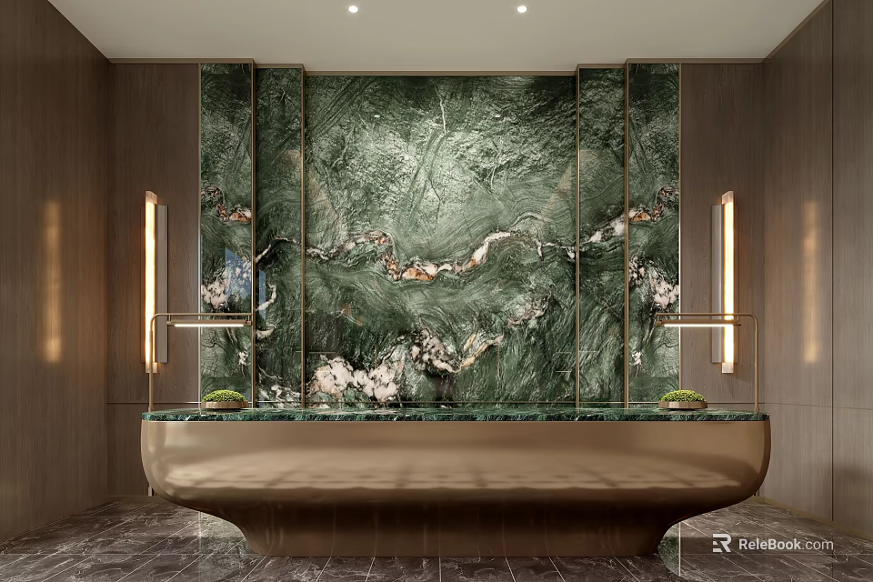 Luxurious Modern Hotel Lobby Interior With Green Marble Feature Wall And Golden Reception Desk 3d model 