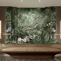 Luxurious Modern Hotel Lobby Interior With Green Marble Feature Wall And Golden Reception Desk