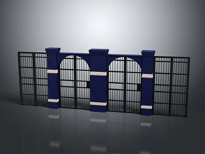 Decorative Fence With Blue Pillars Black Bars White Stripes And Arched Design 3d model