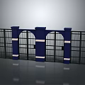 Decorative Fence With Blue Pillars Black Bars White Stripes And Arched Design