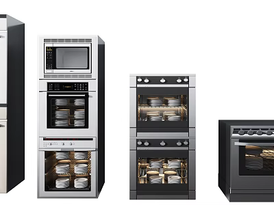 Stylish Modern Kitchen Appliances Set Featuring Refrigerator Microwave Oven And Stove 3d model