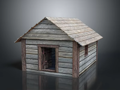 Rustic Wooden Cabin Architecture With Sloped Roof Wooden Planks Door And Window 3d model