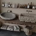 Natural Stone Washbasins On Wooden Countertop With Toiletries Shelves And Towels