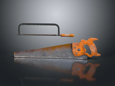 Vintage Rusty Saws Display Featuring Hacksaw And Hand Saw With Reflection On Gray Surface 3d model