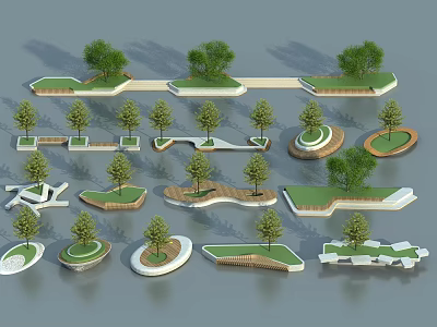 Diverse Tree Planters Landscape Design With Different Shapes Green Turf And Small Trees 3d model