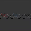Classic Red Blue and Black Bicycles Lined Up with Reflections on Dark Background 3d model