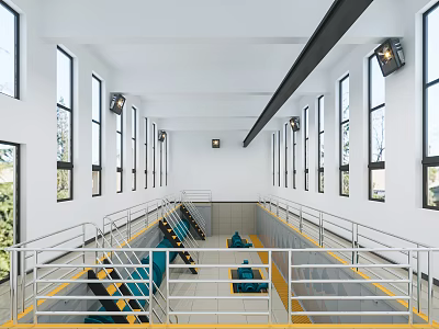 Indoor Corridor With White Walls Numerous Windows Metal Railings Yellow Lined Floor And Blue Seats 3d model