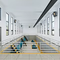 Indoor Corridor With White Walls Numerous Windows Metal Railings Yellow Lined Floor And Blue Seats