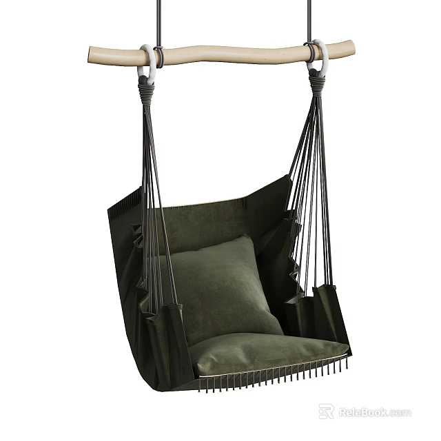 Dark Green Velvet Hammock Swing Chair With Cushion And Wooden Hanging Bar Tassels 3d model 