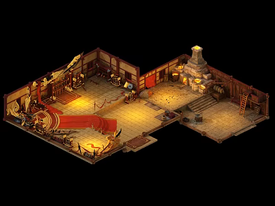Cartoon Style Wooden Interior Scene With Fireplace Tables Chairs And Warm Lighting 3d model