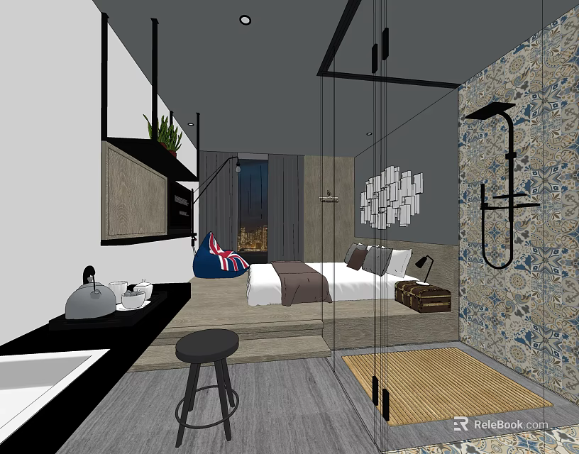 Modern Hotel Guest Room Interior With Bed Open Shower And Decorative Wall Art 3d model 