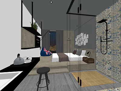 Modern Hotel Guest Room Interior With Bed Open Shower And Decorative Wall Art 3d model