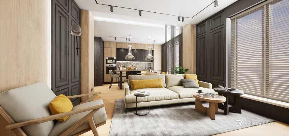 Modern Hotel Room Interior With Sofa Cushions Wooden Coffee Table And Open Kitchen Area 3d model 