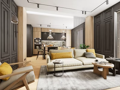 Modern Hotel Room Interior With Sofa Cushions Wooden Coffee Table And Open Kitchen Area 3d model