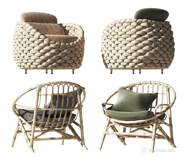 Stylish Wicker Leisure Chairs With Comfortable Cushions And Natural Design For Home Living 3d model 