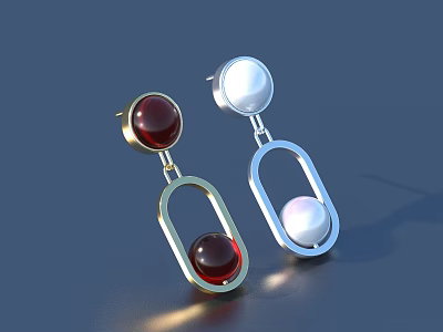 Chic Red White Gemstone Earrings With Gold Silver Geometric Dangle Frames 3d model