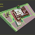 Cartoon Scene of Building Complex With Red Roofs Tower Plaza Roads And Green Areas