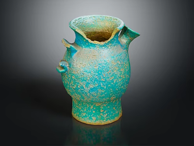 Antique Turquoise Ceramic Jug With Handles Spout And Speckled Texture On Dark Background 3d model