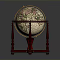 Vintage Red Wooden Globe Stand With Floral Pattern Decorative Furniture Piece