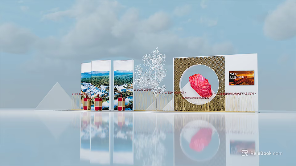 Exhibition Display Area with Scenery Panels Decorative Snowflake and Red Object Showcase 3d model 