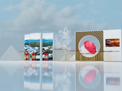 Exhibition Display Area with Scenery Panels Decorative Snowflake and Red Object Showcase 3d model