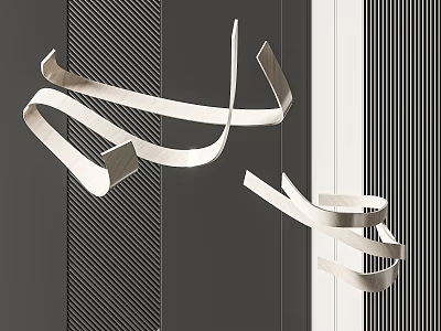 Modern Abstract Metal Chandelier Featuring Curved Lines Against Striped Wall Background 3d model