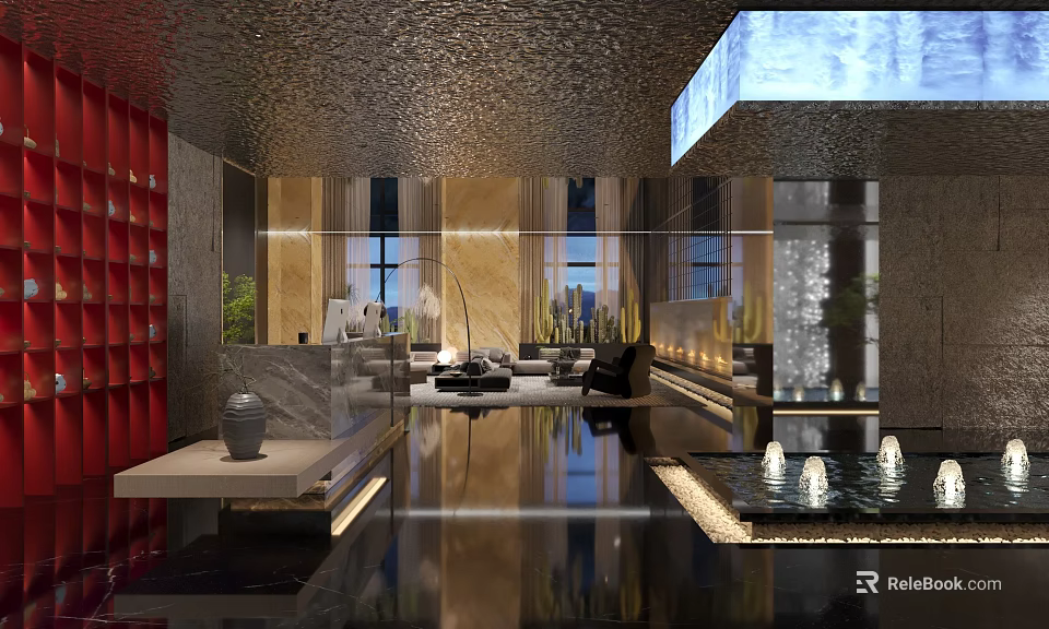 Luxurious Modern Club Lobby With Lounge Area Water Fountain And Marble Flooring 3d model 