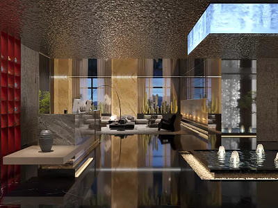 Luxurious Modern Club Lobby With Lounge Area Water Fountain And Marble Flooring 3d model