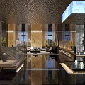 Luxurious Modern Club Lobby With Lounge Area Water Fountain And Marble Flooring