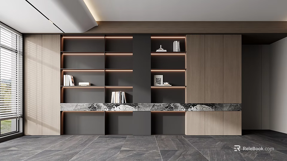 Modern Decorative Cabinet with Gray and Wooden Finish Marble Countertop and Illuminated Shelves 3d model 