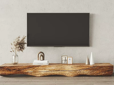 Wooden TV Stand with Unique Natural Edge Design and Decorative Items Under Wall Mounted TV 3d model