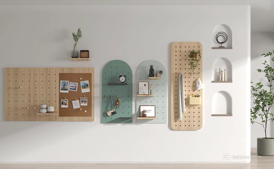 Creative Wall Decor Ideas With Cork Board Pegboard Arched Shelves And Potted Plant 3d model 