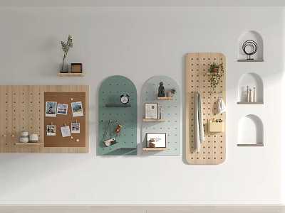 Creative Wall Decor Ideas With Cork Board Pegboard Arched Shelves And Potted Plant 3d model