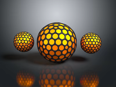 Three Spheres With Orange Dots Black Grid Larger Center Smaller Sides Gray Background And Reflection 3d model
