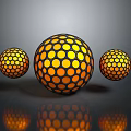 Three Spheres With Orange Dots Black Grid Larger Center Smaller Sides Gray Background And Reflection 3d model