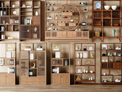 Traditional Chinese Curio Shelves With Wooden Layers Displaying Ceramic Vases And Books 3d model