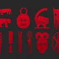 Red Handcrafted Traditional African Artifacts With Masks Sculptures And Ornaments