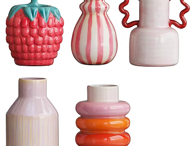 Colorful Ceramic Vessels with Strawberry Shape Striped Pattern Pink Orange and Red Handles 3d model