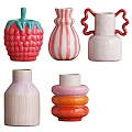 Colorful Ceramic Vessels with Strawberry Shape Striped Pattern Pink Orange and Red Handles