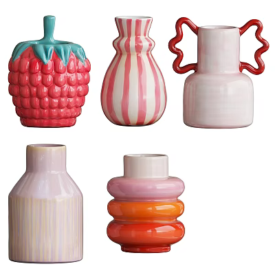 Colorful Ceramic Vessels with Strawberry Shape Striped Pattern Pink Orange and Red Handles 3d model