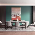 Modern Restaurant Interior With Green Wall Art Dining Table And Gray Upholstered Chairs 3d model