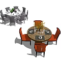 Stylish Dining Table Sets with Various Chairs Tableware and Decor Details 3d model