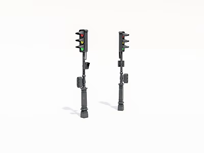 Two Traffic Lights With Red Yellow Green Signals On Black Poles 3d model