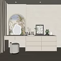 Modern Dressing Table With Arched Mirror Potted Plants Stool And Storage Drawers