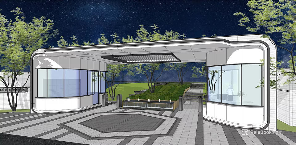 Modern Building Exterior Wall With Glass Facade Greenery And Night Courtyard Lighting 3d model 